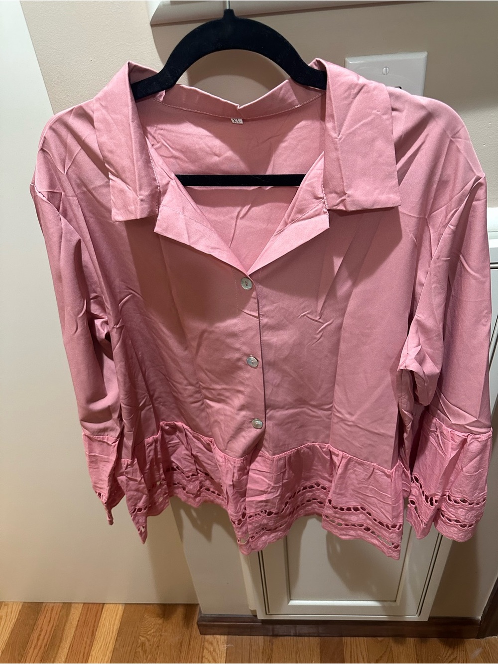Relaxed Pink Button-Down Collared Blouse with Eyelet Hem